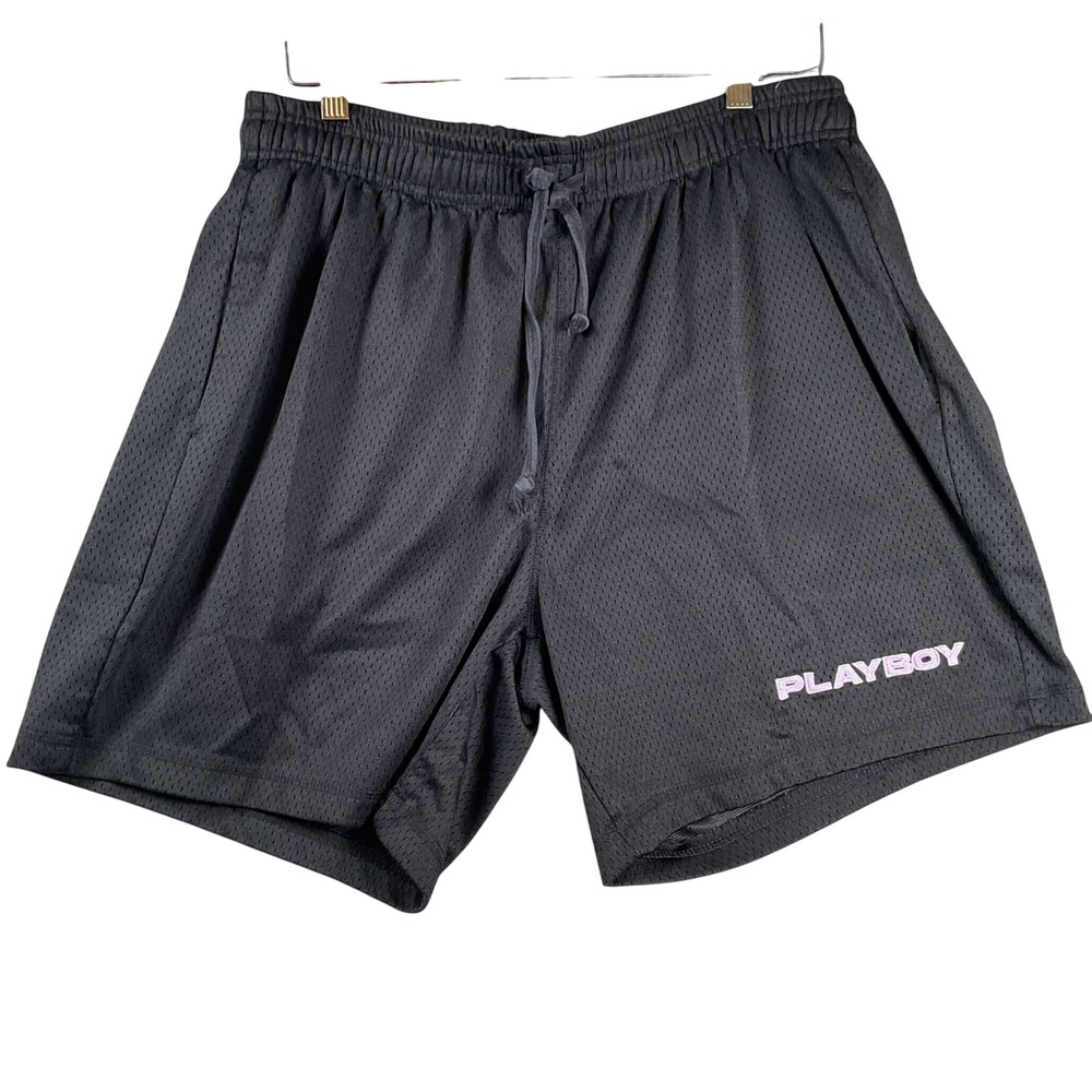 Playboy Mesh Shorts Mens Medium Black Pink Embroidered Bunny PacSun Athletic